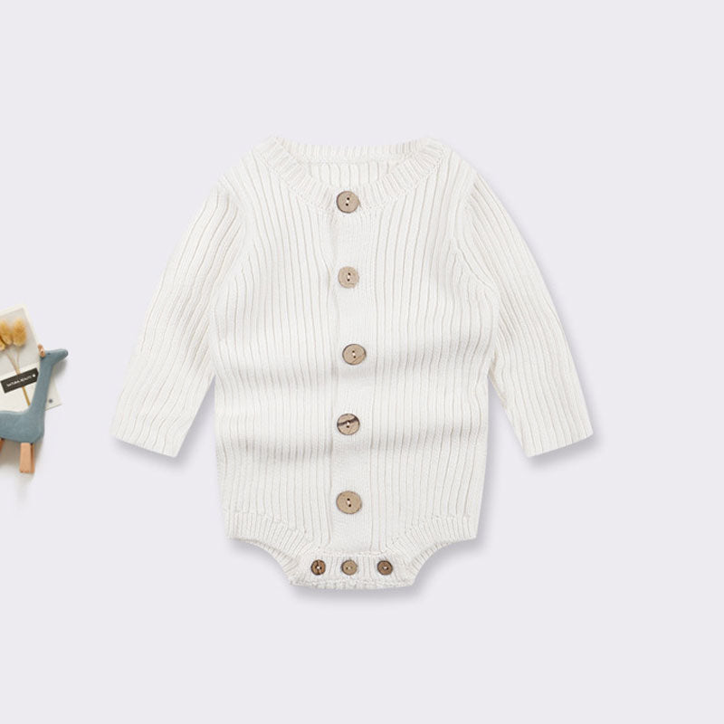 Comfy Solid Color Round Neck Long Sleeve Button Front Ribbed Knit Baby Romper