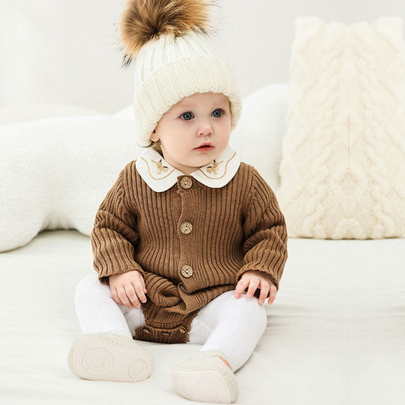Comfy Solid Color Round Neck Long Sleeve Button Front Ribbed Knit Baby Romper