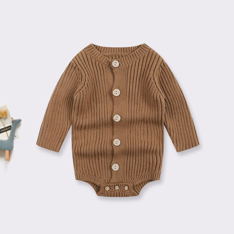 Comfy Solid Color Round Neck Long Sleeve Button Front Ribbed Knit Baby Romper