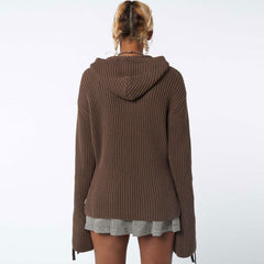 Contrast Coffee Lace Up Detail Two Way Zip Slit Cuff Hooded Rib Knit Cardigan