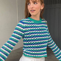 Multicolor Contrast Striped Print Crew Neck Crochet Open Knit Cropped Sweater