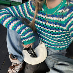 Multicolor Contrast Striped Print Crew Neck Crochet Open Knit Cropped Sweater