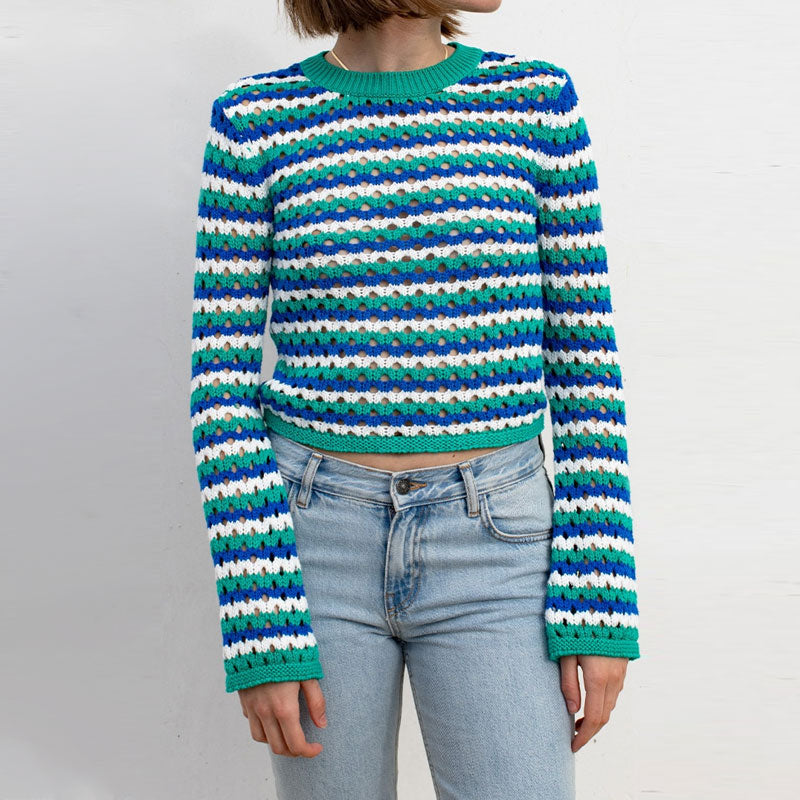 Multicolor Contrast Striped Print Crew Neck Crochet Open Knit Cropped Sweater