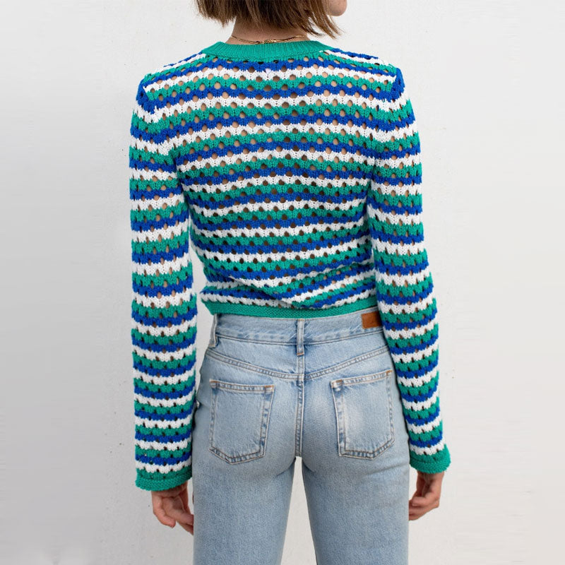 Multicolor Contrast Striped Print Crew Neck Crochet Open Knit Cropped Sweater