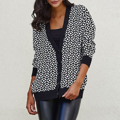 Contrast Trim V Neck Black Geometric Jacquard Knit Button Down Cardigan