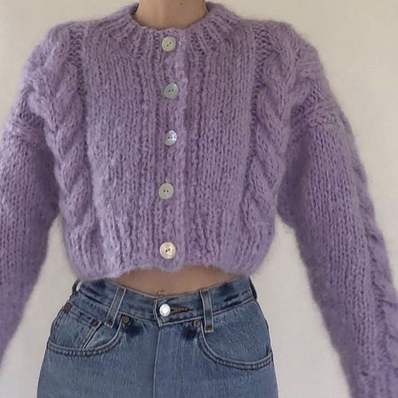 Cozy Crew Neck Button Front Chunky Cable Knit Crop Cardigan