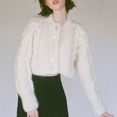 Cozy Crew Neck Button Front Chunky Cable Knit Crop Cardigan