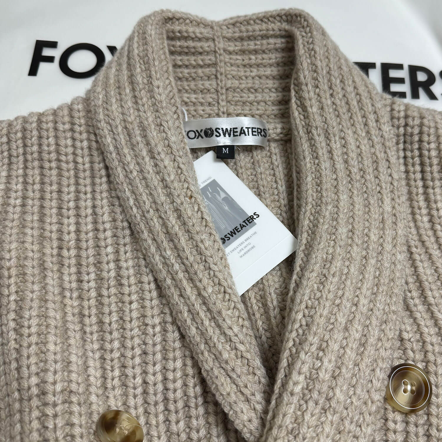 Cozy Beige Shawl Collar Double Breasted Brioche Rib Knit Wool Cardigan