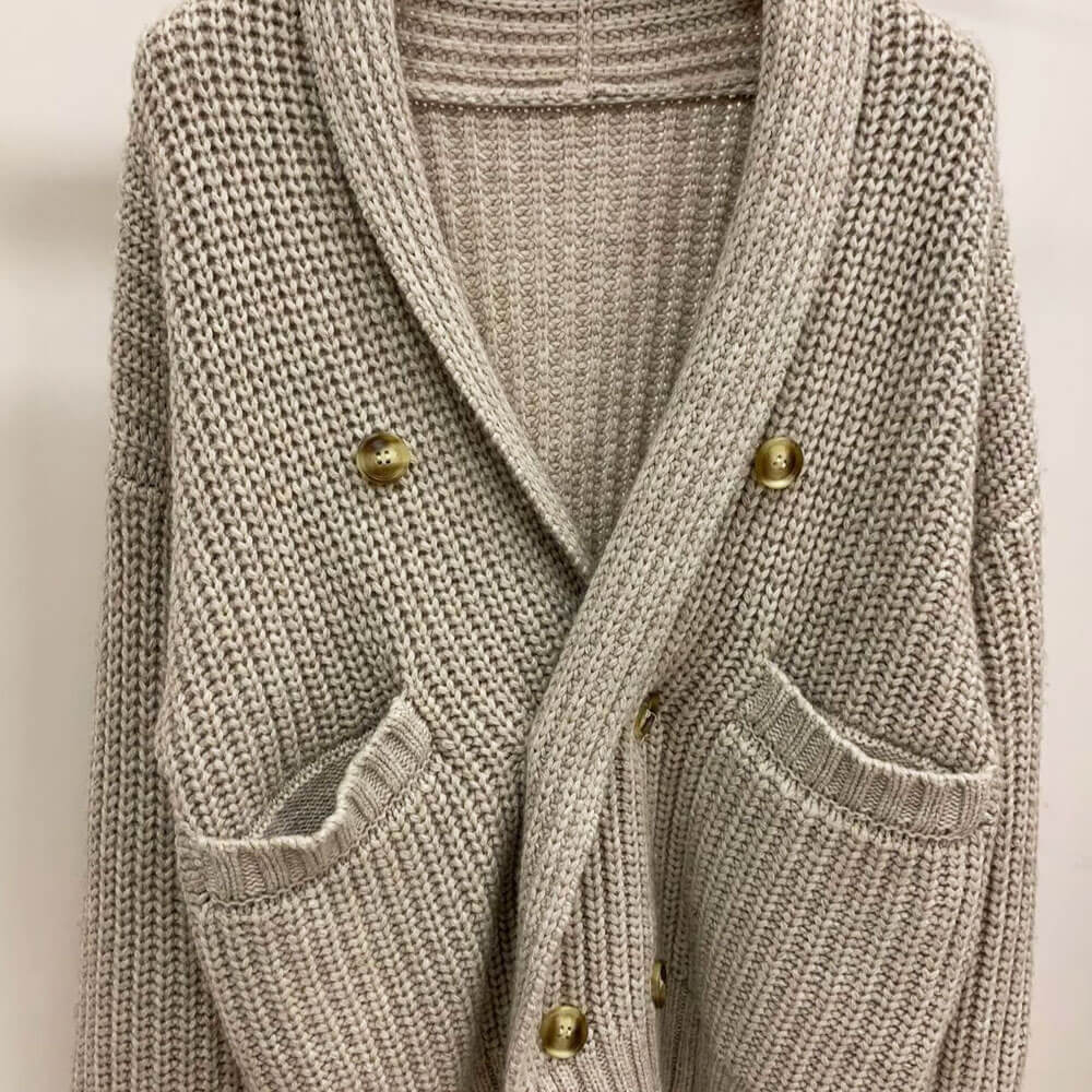 Cozy Beige Shawl Collar Double Breasted Brioche Rib Knit Wool Cardigan