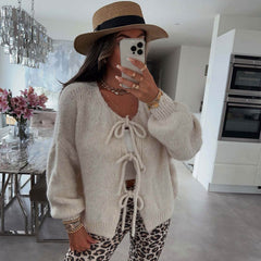 Cute Crew Neck Drop Shoulder Blouson Sleeve Oversized Bow Tie Cardigan