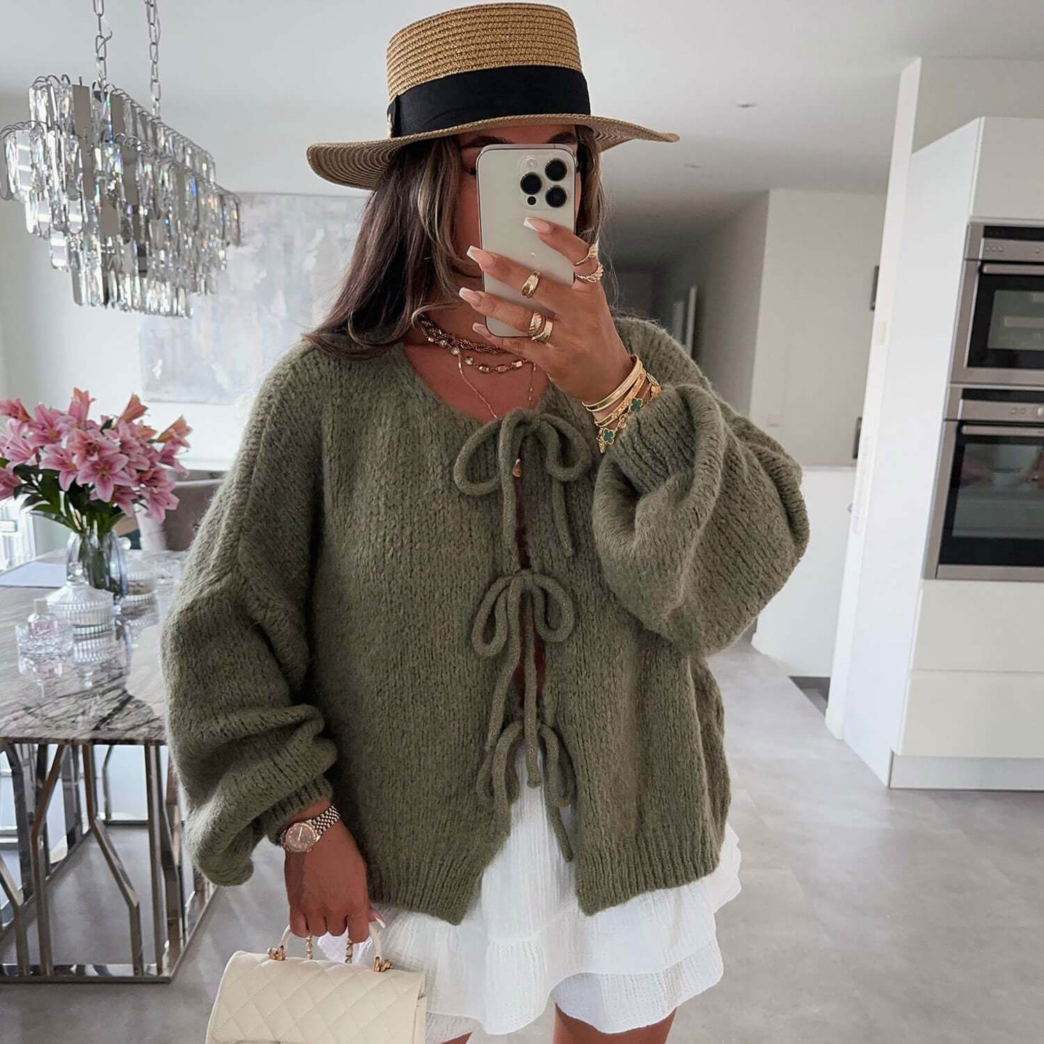 Cute Crew Neck Drop Shoulder Blouson Sleeve Oversized Bow Tie Cardigan