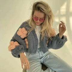 Cute Crochet Hand Knit Oversize Chunky Yarn 3D Flower Cropped Cardigan