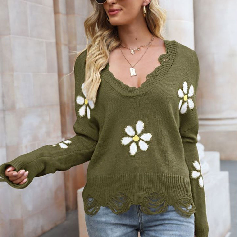 Cute Daisy Floral Distressed Deep V Neck Oversized Pullover Sweater