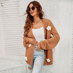 Cute Floral Appliqué Long Sleeve Open Front Camel Knit Cardigan