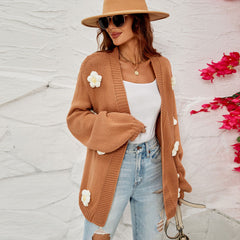 Cute Floral Appliqué Long Sleeve Open Front Camel Knit Cardigan