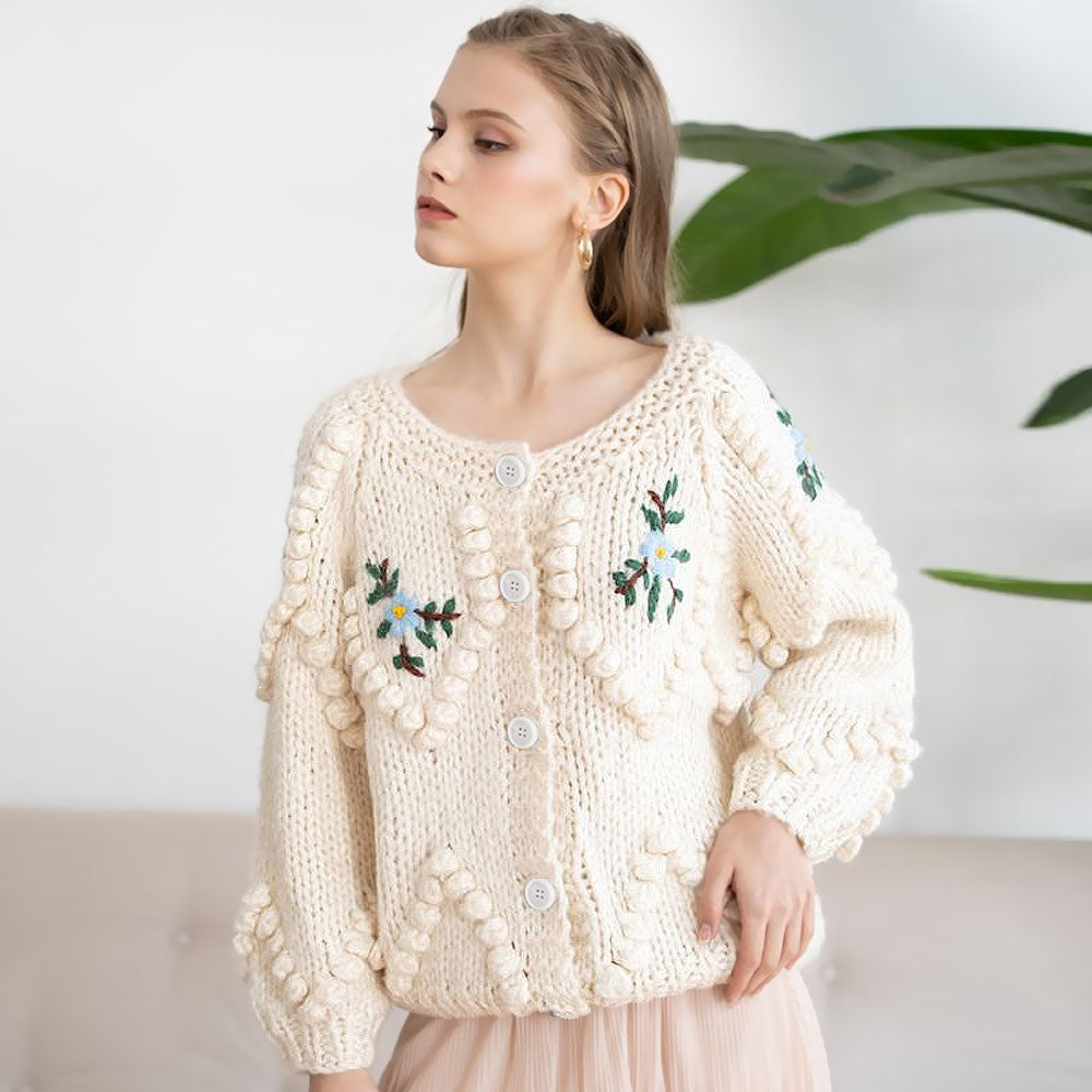 Cute White Floral Embroidered Popcorn Chunky Hand Knit Button Up Cardigan