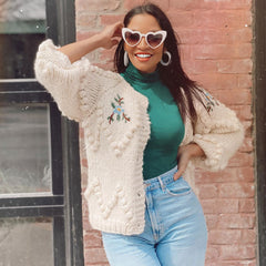 Cute White Floral Embroidered Popcorn Chunky Hand Knit Button Up Cardigan