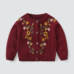 Cute Floral Embroidery Woolen Blend Knit Crew Neck Button Up Girls Cardigan