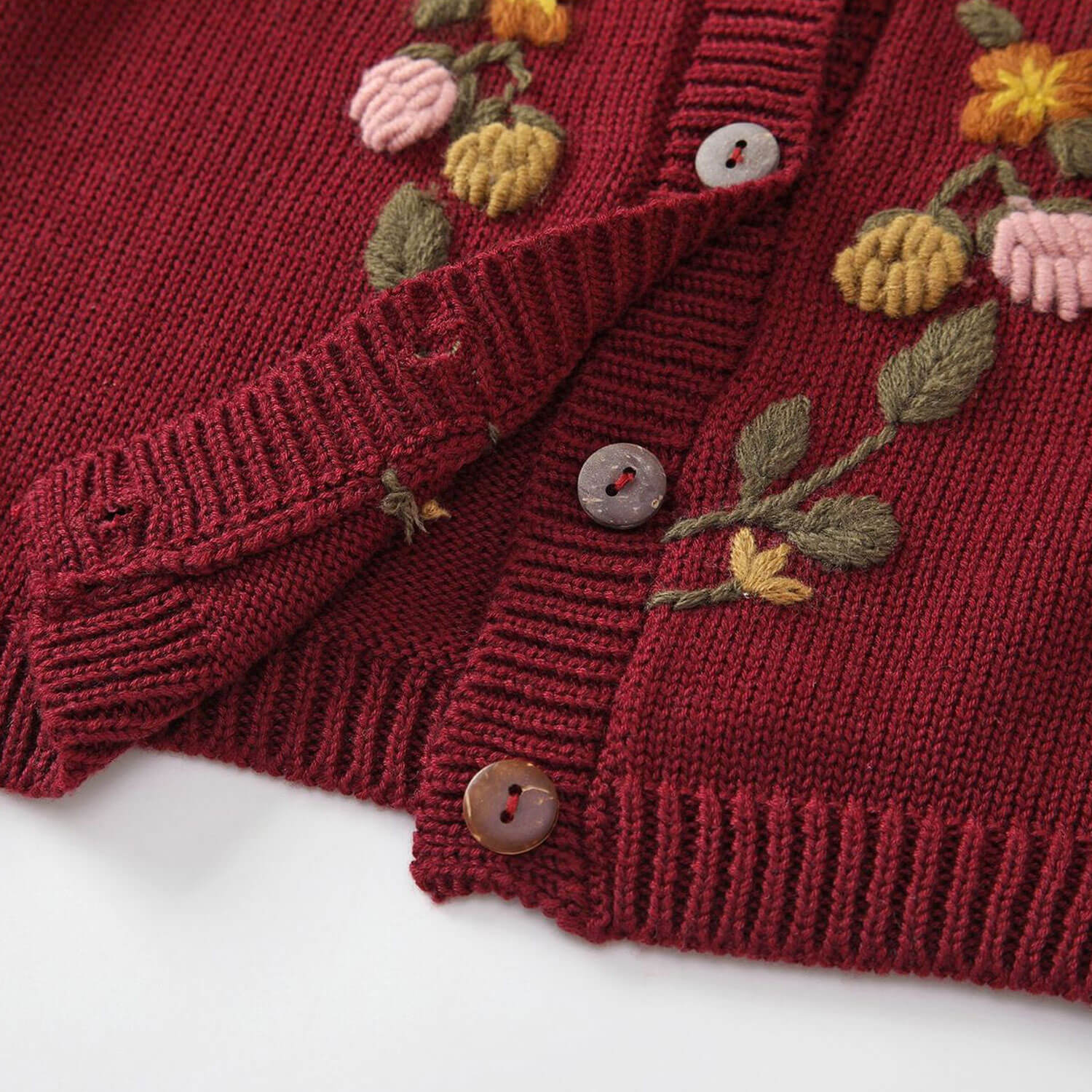 Cute Floral Embroidery Woolen Blend Knit Crew Neck Button Up Girls Cardigan