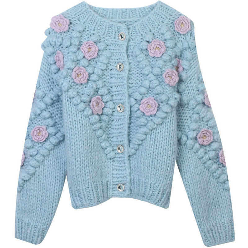 Cute Pom Pom Detail Rosette Applique Button Front Chunky Hand Knit Cardigan