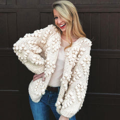 Cute Popcorn Heart Motif Crew Neck Chunky Hand Knit Cardigan