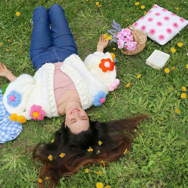 Cute Puff Sleeve Hand Knit Chunky Yarn Floral Cropped Cardigan