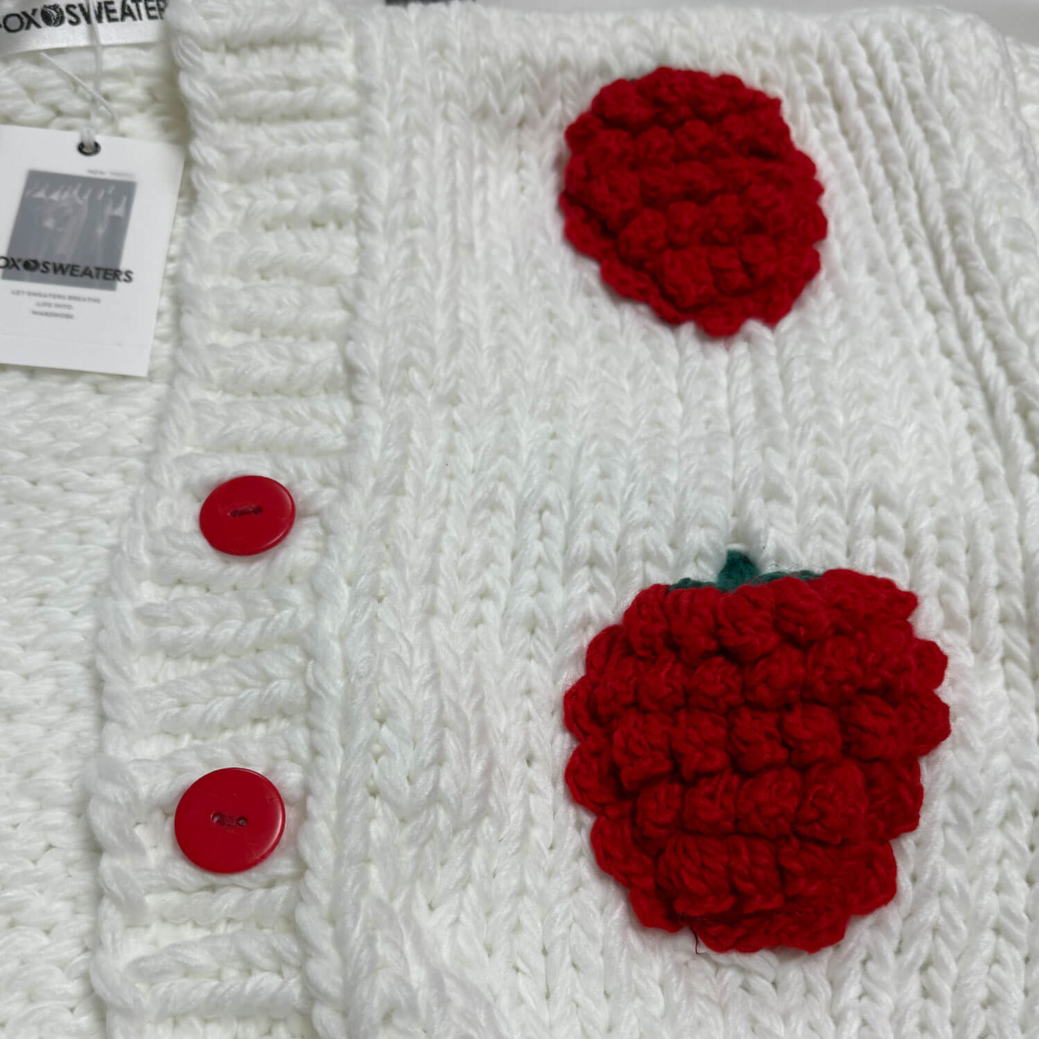 Cute Puff Sleeve Hand Knit Chunky Yarn Strawberry Cropped Cardigan