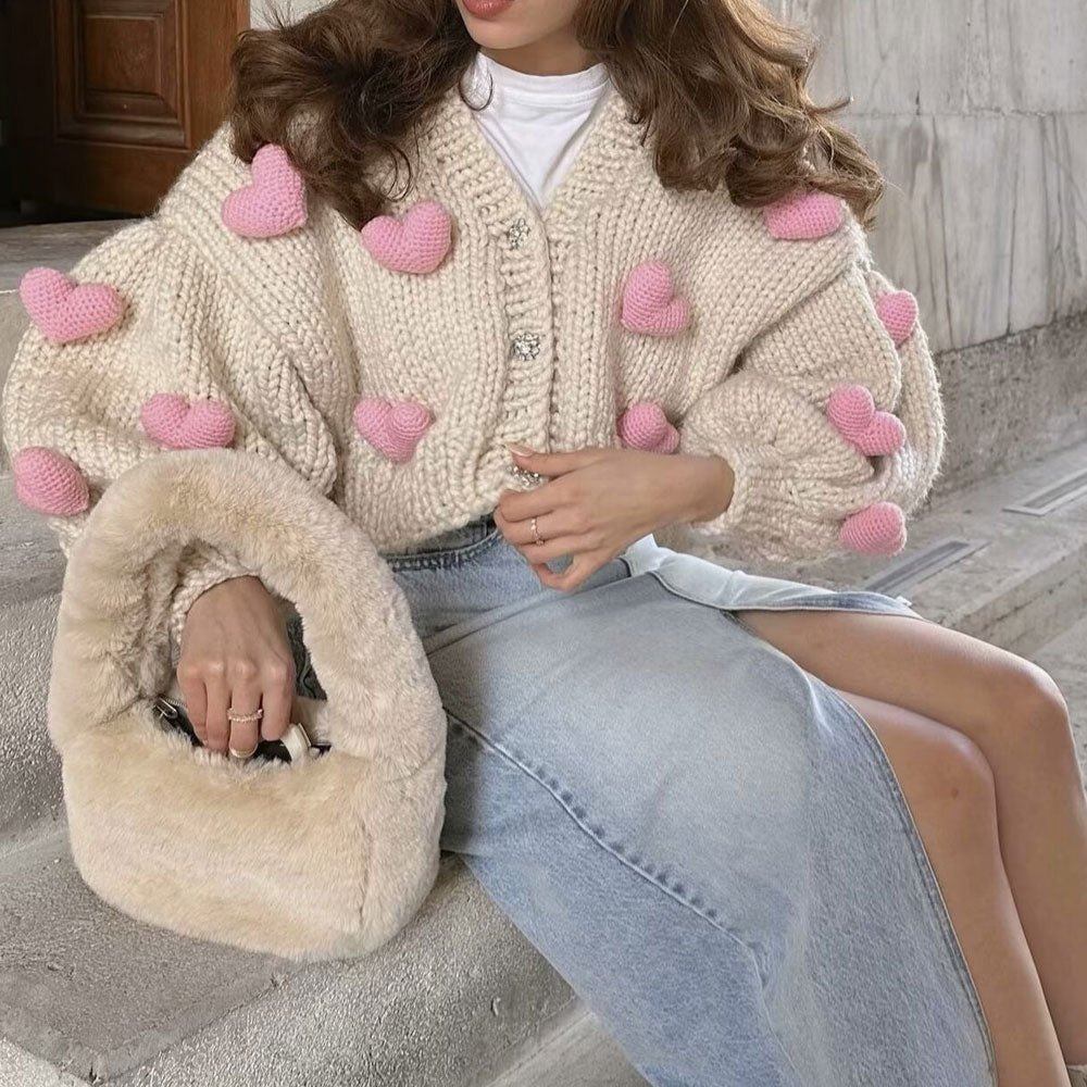 Cute Puffy Heart Hand Knit Crystal Button Up Oversize Chunky Yarn Cardigan