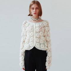 Cute White Rosette Crochet Hand Knit Button Up Wool Blend Crop Cardigan