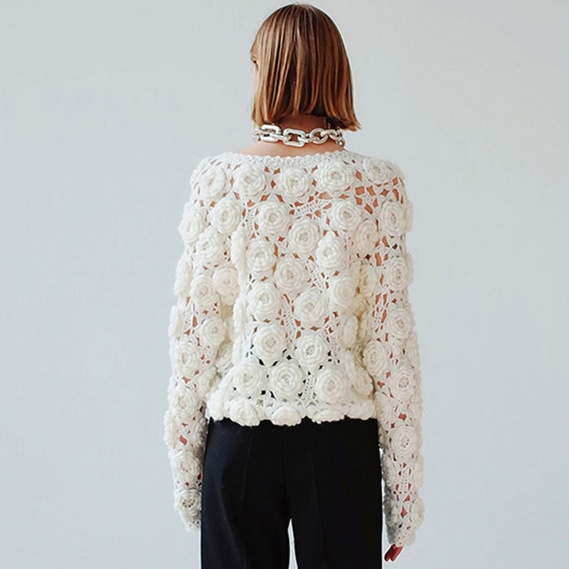 Cute White Rosette Crochet Hand Knit Button Up Wool Blend Crop Cardigan