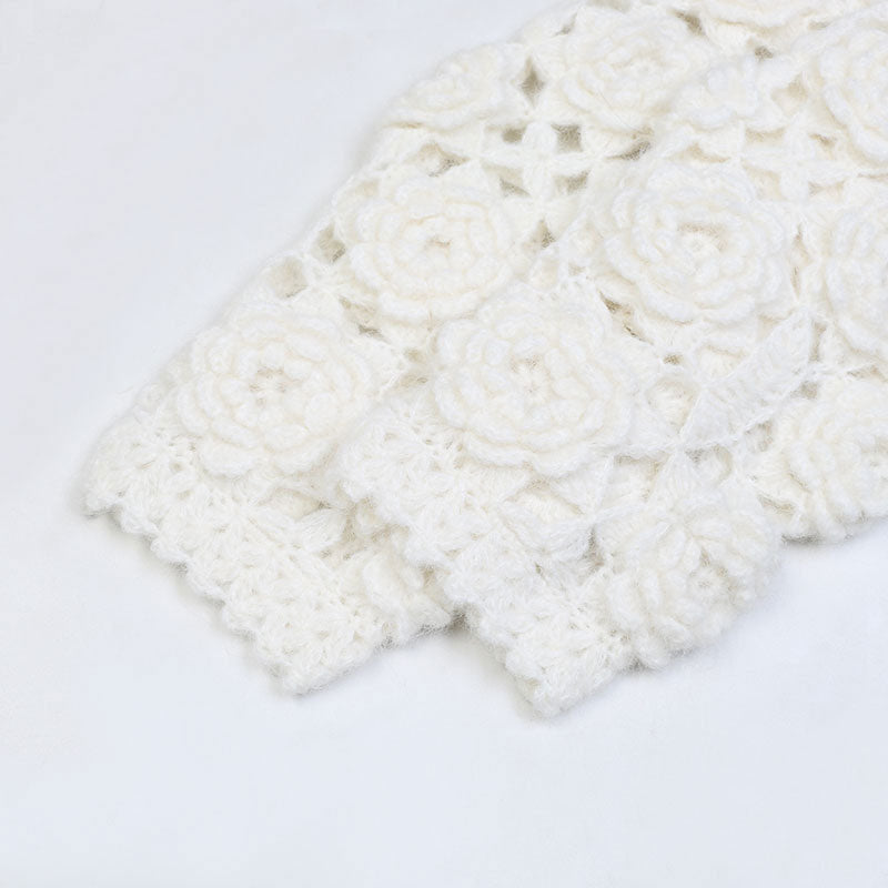 Cute White Rosette Crochet Hand Knit Button Up Wool Blend Crop Cardigan