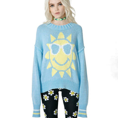 Cute Blue Sun Pattern Crew Neck Drop Shoulder Pullover Sweater