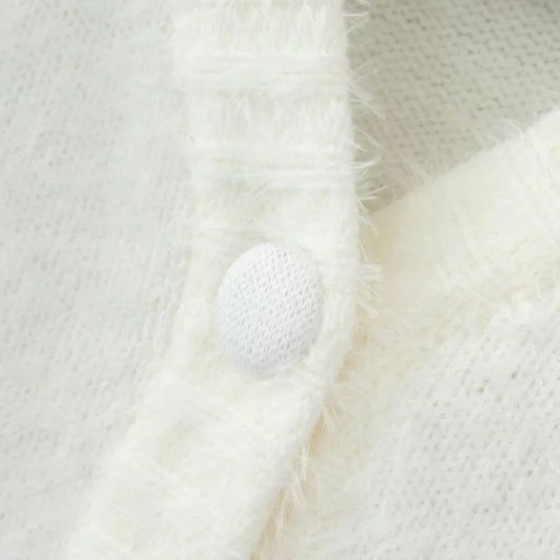 Cute V Neck Button Up Long Sleeve White Eyelash Mohair Cardigan