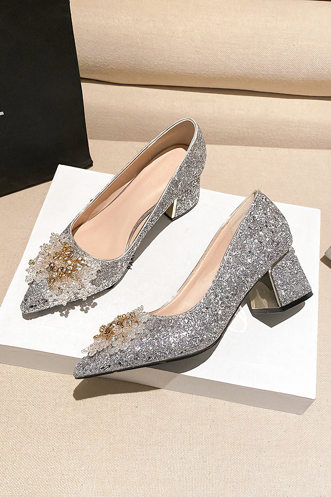 Thick heels with evening dress sequined high heels