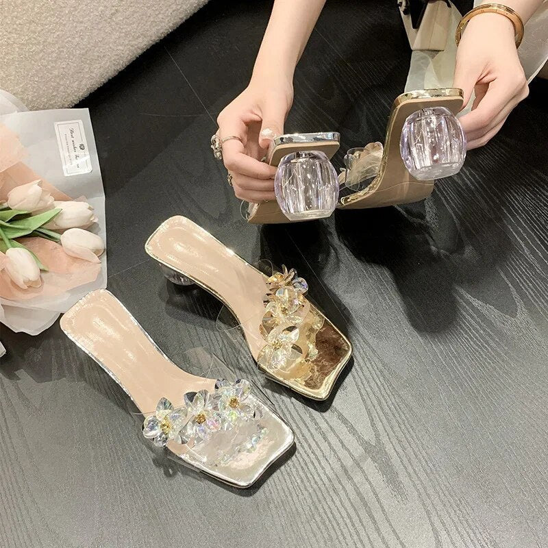 Crystal Sandals Elegant Middle Heels Women slippers Summer Shoes Open Toe Sandal Chunky Heels Woman Red Gold Sliver