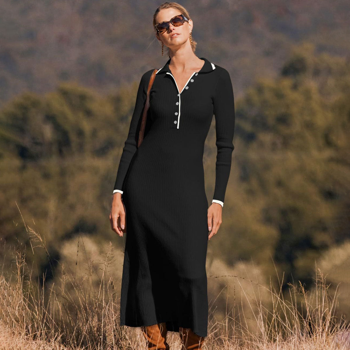 Elegant Bicolor Collared Half Button Long Sleeve Rib Knit Maxi Sweater Dress