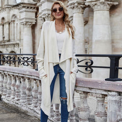 Elegant Draped Collar Long Sleeve Open Front Knit Duster Cardigan