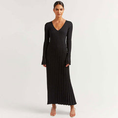 Elegant Flare Sleeve Lettuce Trim Ribbed Knit Sweater Maxi Dress