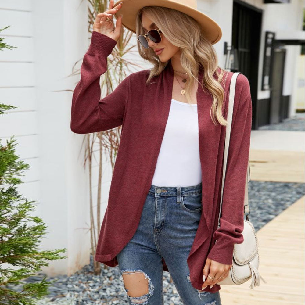 Elegant Shawl Collar Long Sleeve Open Front Knit Cardigan