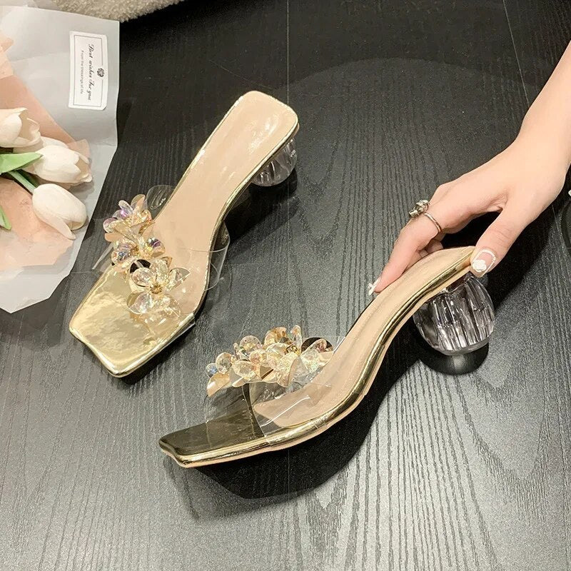 Crystal Sandals Elegant Middle Heels Women slippers Summer Shoes Open Toe Sandal Chunky Heels Woman Red Gold Sliver