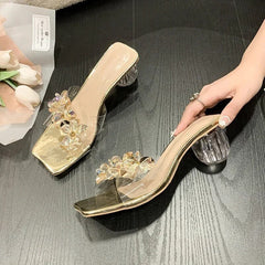 Crystal Sandals Elegant Middle Heels Women slippers Summer Shoes Open Toe Sandal Chunky Heels Woman Red Gold Sliver