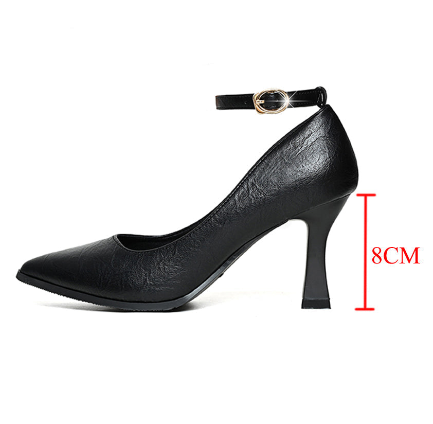 Classic Black Thin Heels Pumps Women Pointed Toe Ankle Strap High Heels Shoes Woman Pu Leather Soft Sole Office Shoes