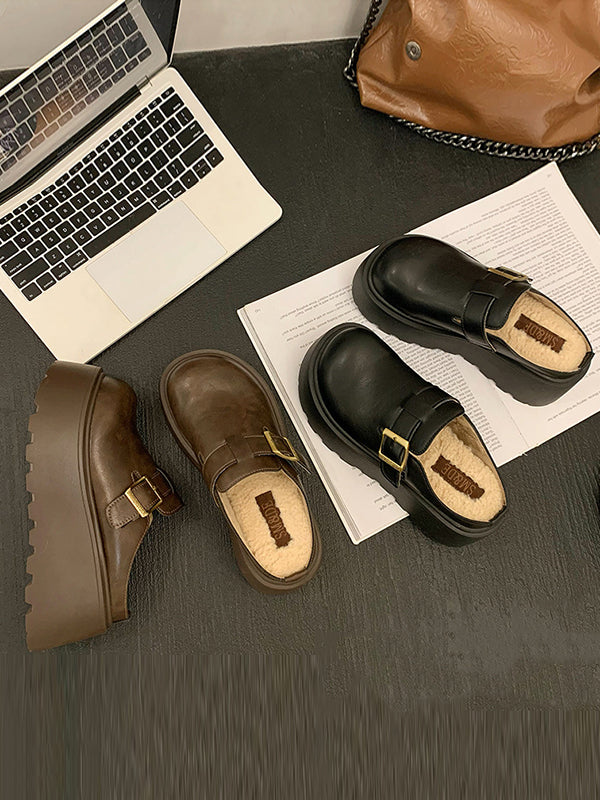 Belt Buckle Round-Toe Split-Joint Loafers Platform Shoes Slippers&Mules