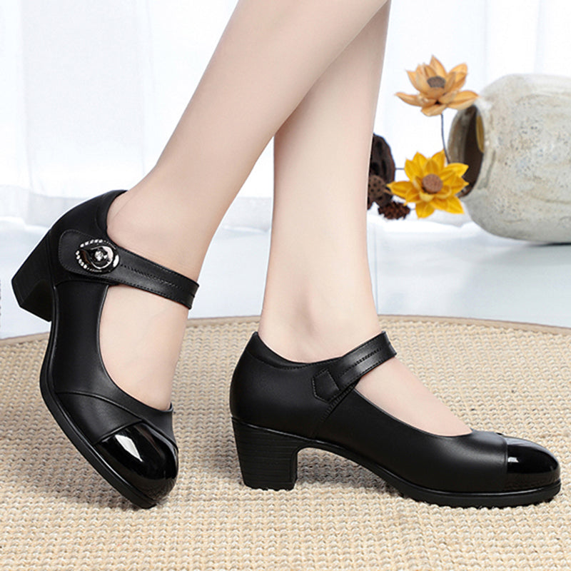 Crystal Button Med Heels Mary Janes Women 2024 New Comfort Soft Bottom Moccasins Shoes Woman Square Heel Casual Shoes