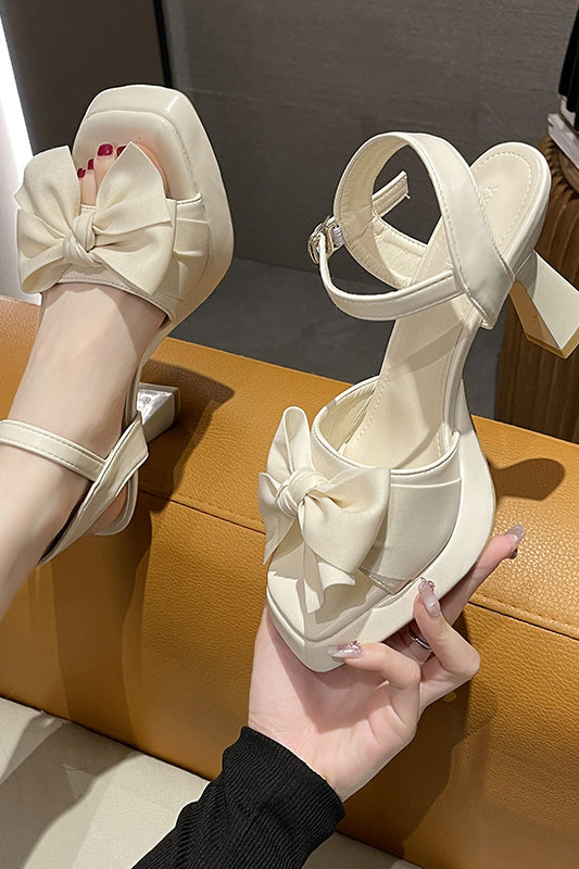 Bow-tie open-toe French style thick-soled square-toe high heels