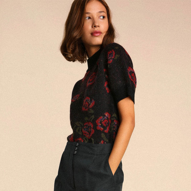 Feminine Floral Jacquard Knit High Neck Short Sleeve Black Cropped Sweater