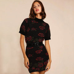 Feminine Floral Jacquard Knit High Neck Short Sleeve Black Cropped Sweater