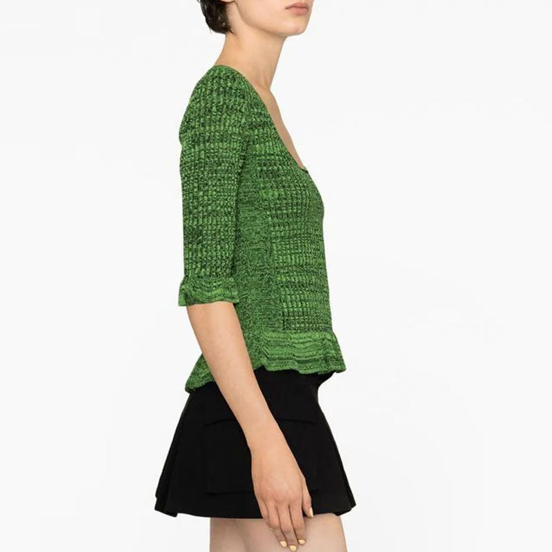 Feminine Green Ruffled Trim Half Sleeve Scoop Neck Marled Rib Knit Fitted Sweater