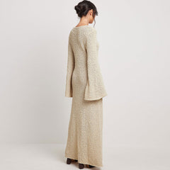 Feminine Scoop Neck Bell Sleeve Beige Boucle Knit Maxi Sweater Dress