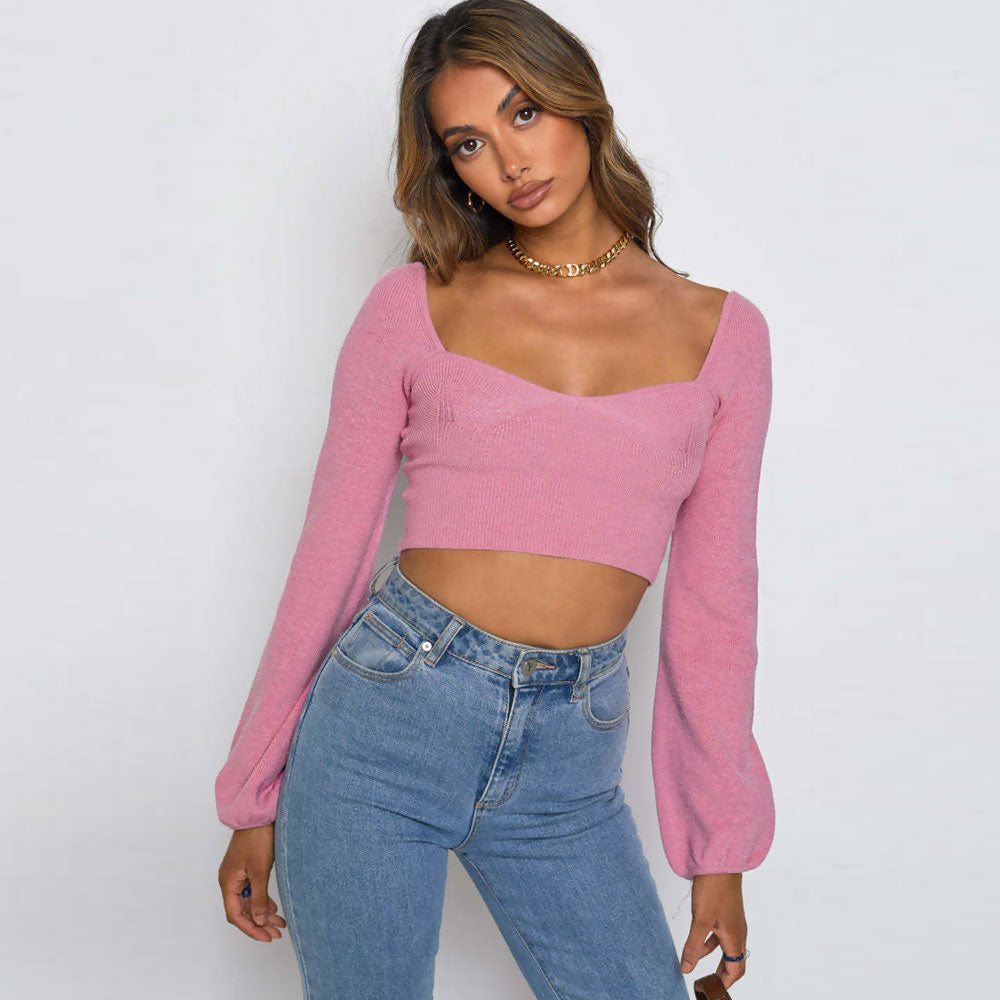 Feminine Sweetheart Balloon Sleeve Open Back Rib Knit Cropped Top